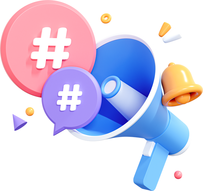 3D Megaphone with hashtags in social network